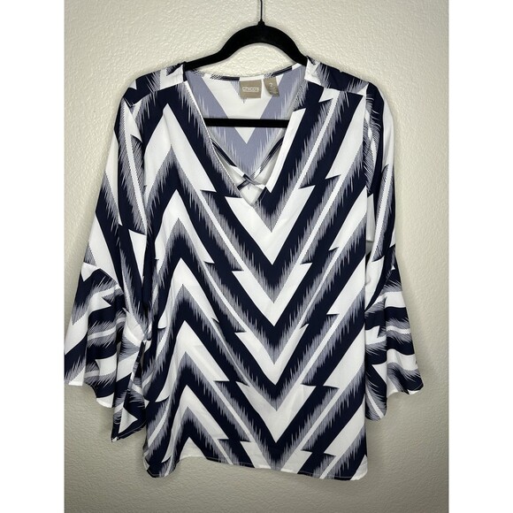 Chico's Shirt Womens Large 2 Blue White Chevron Bell Sleeve Crisscross V Neck - Picture 1 of 5